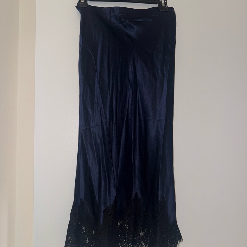 Reformation Navy Satin Lace-Hem Maxi Skirt